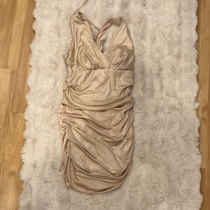 Teeze Me Metallic Champagne Ruched V-Neck Mini Dress